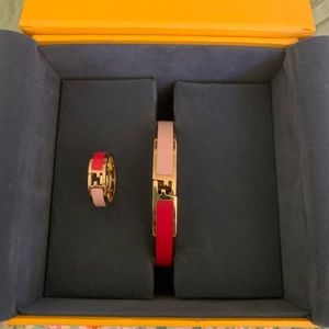 FENDI Enamel Bicolor Fendista Bangle Bracelet & Ring Pink/red